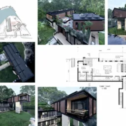 Kolaż prezentujący projekt domu z elementami planu zagospodarowania, rzutów i wizualizacji zewnętrznych. Dom na palach, otoczony zielenią, z tarasem na dachu.