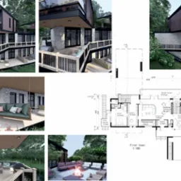 Wizualizacja 3D nowoczesnego domu z tarasami, otoczonego zielenią, z widocznym planem architektonicznym parteru. Nowoczesna architektura wkomponowana w naturę.