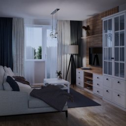 Atelier Project Viktar Danilevich - Nowoczesny salon z sofą, stolikiem kawowym i zabudową TV z witryną. Drewniane lamele na ścianie dodają ciepła. Całość oświetlona lampą podłogową i wiszącą.