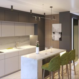 Atelier Project Viktar Danilevich - Nowoczesna kuchnia z wyspą, zielonymi hokerami i minimalistycznym oświetleniem. Jasne fronty szafek kontrastują z ciemnoszarymi ścianami i drewnianymi panelami.