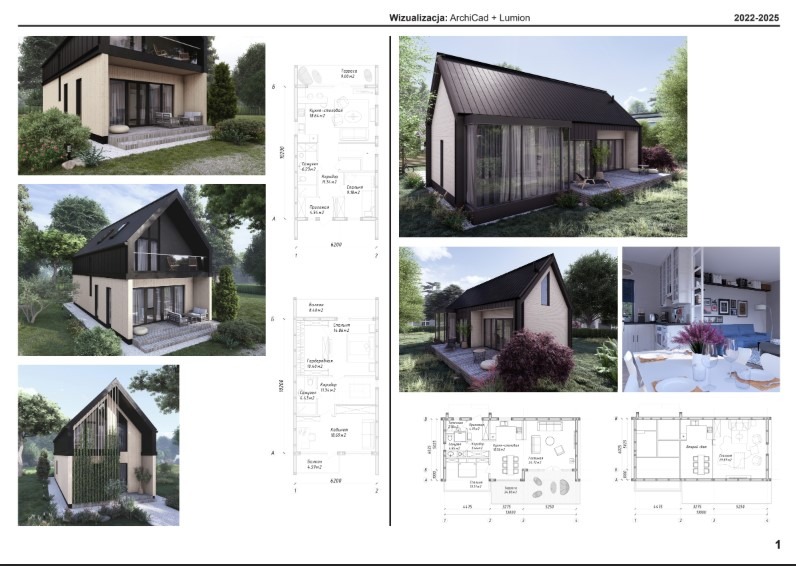 Wizualizacja domu jednorodzinnego z czarnym dachem i jasną elewacją, prezentująca różne ujęcia budynku i plany kondygnacji, wykonana w programach ArchiCad i Lumion.