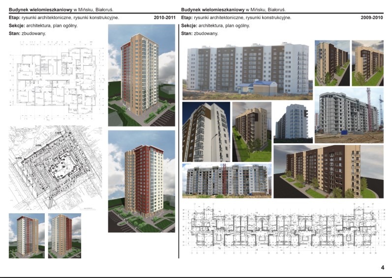 Zestawienie rysunków architektonicznych i wizualizacji budynku wielomieszkaniowego w Mińsku, Białoruś, w różnych ujęciach i na różnych etapach budowy.