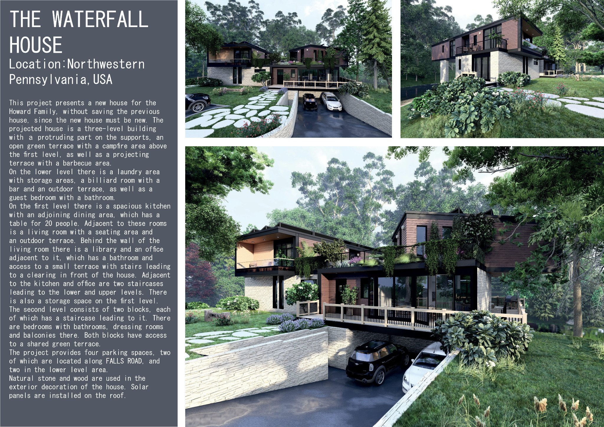 Wizualizacja 3D nowoczesnego domu z elementami kamienia i drewna, otoczonego zielenią. Widoczne tarasy, podjazdy i elementy krajobrazu. Projekt 'Waterfall House'.