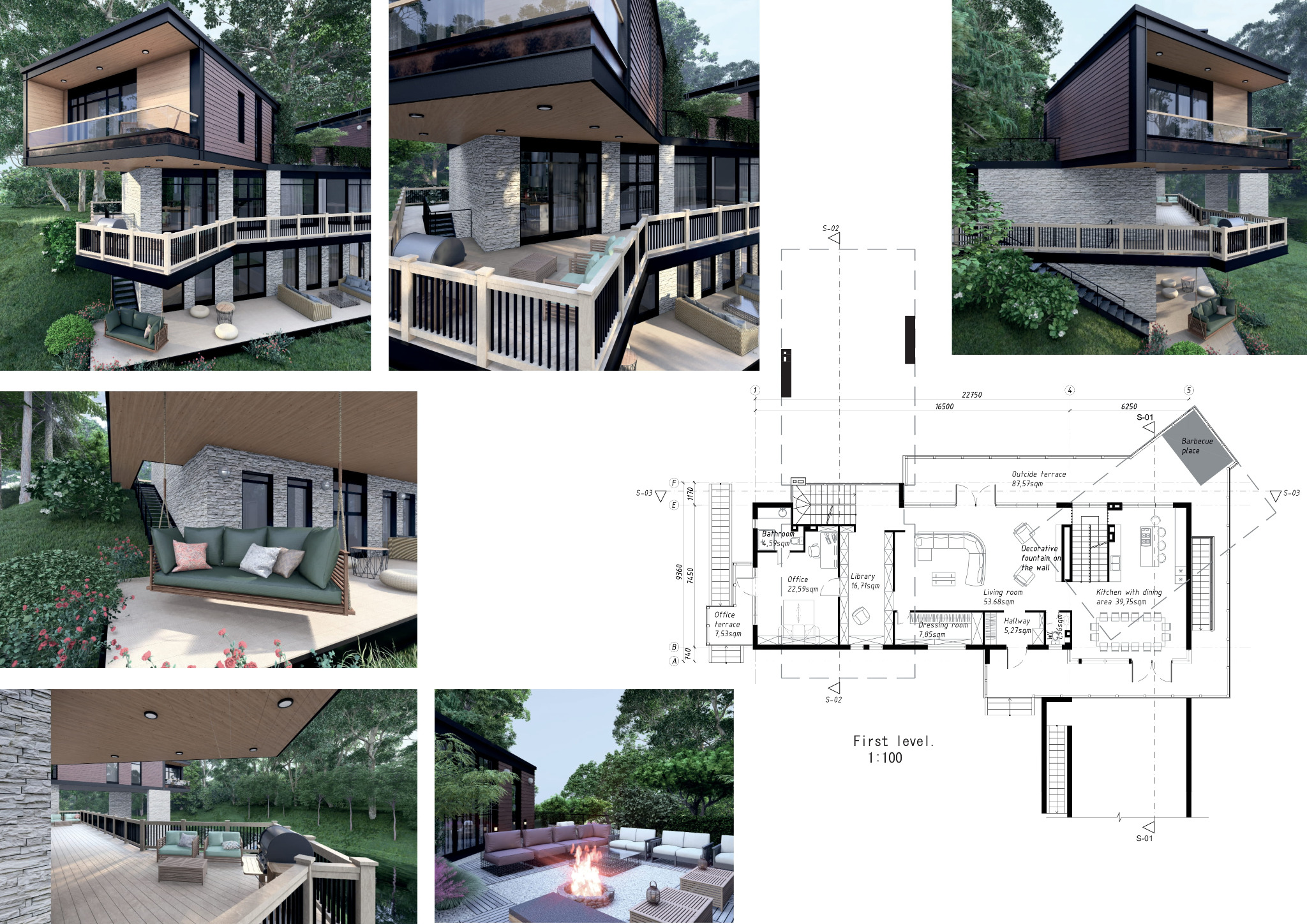 Wizualizacja 3D nowoczesnego domu z tarasami, otoczonego zielenią, z widocznym planem architektonicznym parteru. Nowoczesna architektura wkomponowana w naturę.