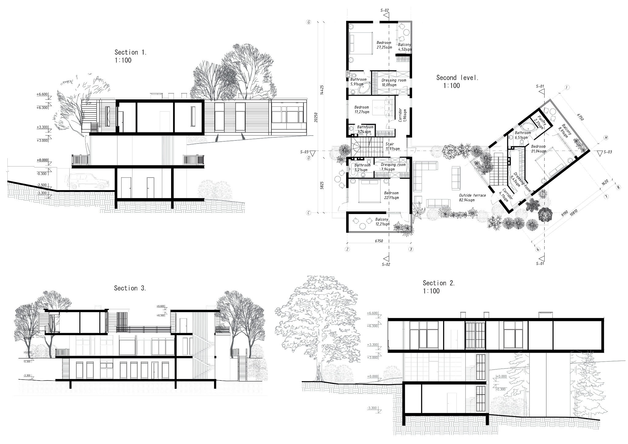 Plan architektoniczny domu trzypoziomowego z przekrojami, detalami i wymiarami. Rzut z góry ukazuje rozkład pomieszczeń i taras.