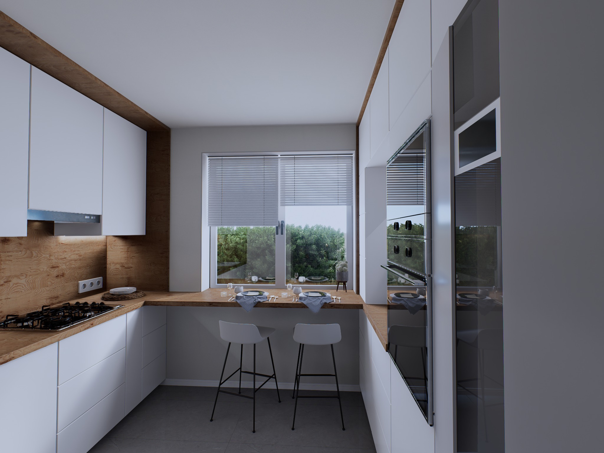 Nowoczesna kuchnia w bieli i drewnie z oknem na ogród. Minimalistyczne krzesła barowe, płyta gazowa i piekarnik w zabudowie. Projektowanie wnętrz z dbałością o detale.
