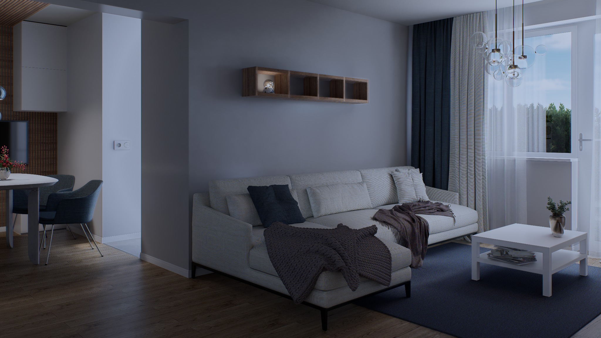 Nowoczesny salon z szarą sofą, drewnianą półką i okrągłym stołem. Minimalistyczny design, stonowana kolorystyka, lampa wisząca z kulistymi kloszami.