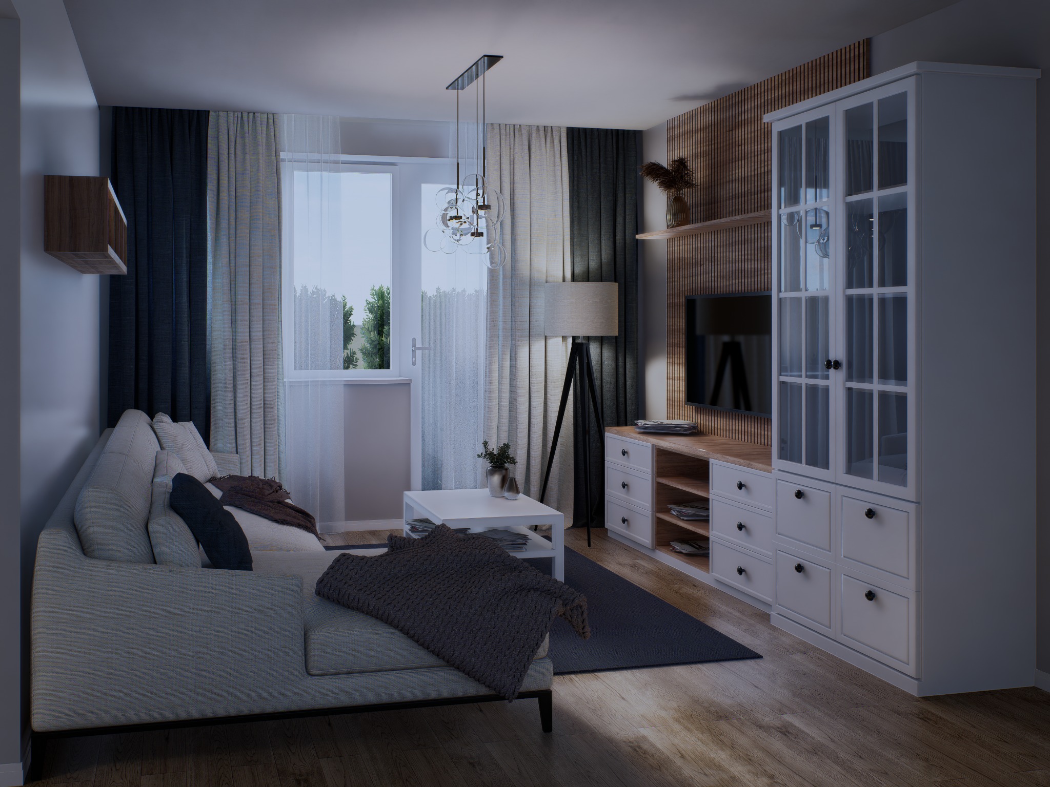 Nowoczesny salon z sofą, stolikiem kawowym i zabudową TV z witryną. Drewniane lamele na ścianie dodają ciepła. Całość oświetlona lampą podłogową i wiszącą.