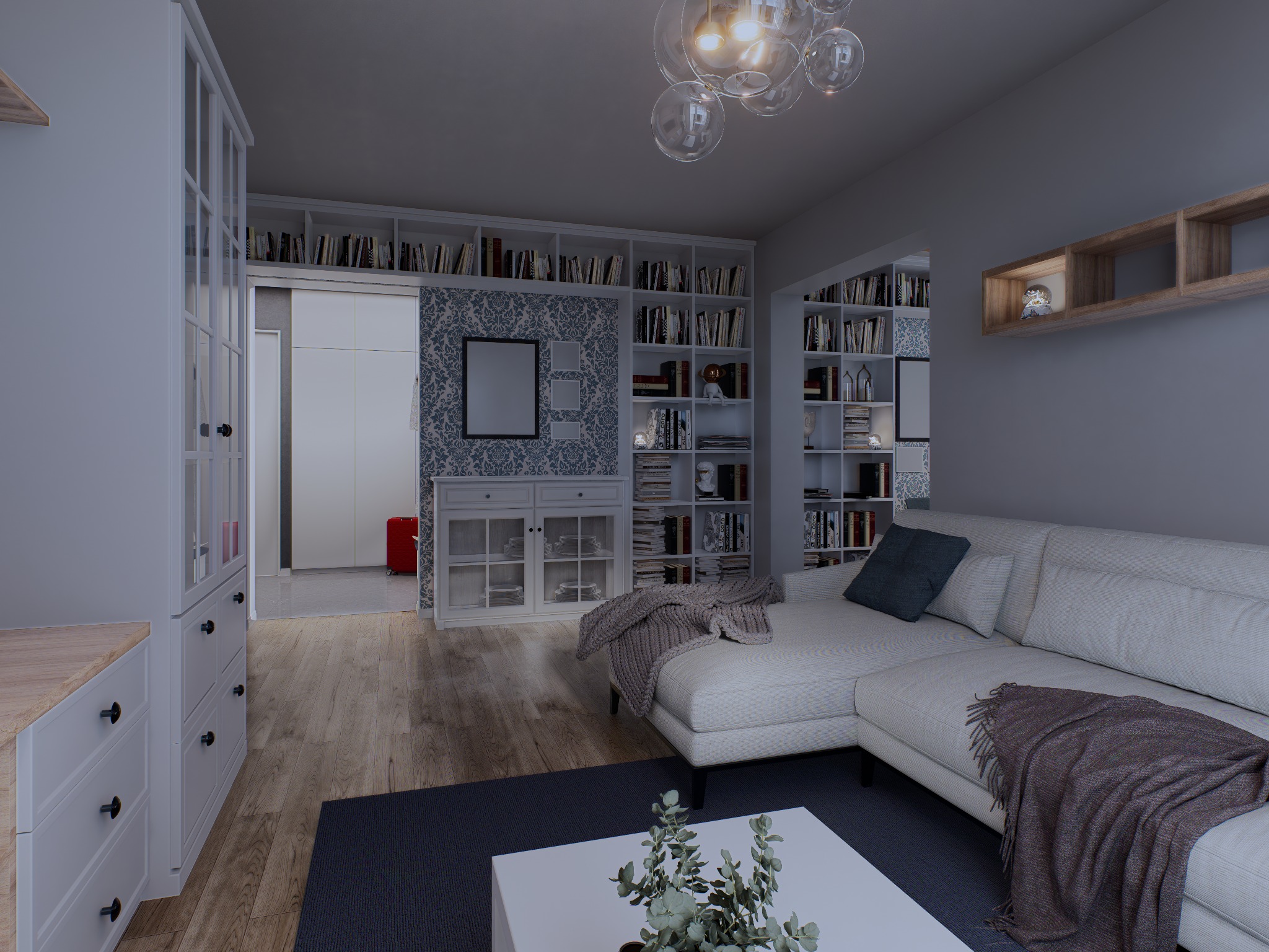 Nowoczesny salon z narożną sofą, regałami na książki i dekoracyjną tapetą. Oświetlenie sufitowe z kulistymi lampami. Widok na sąsiednie pomieszczenie.