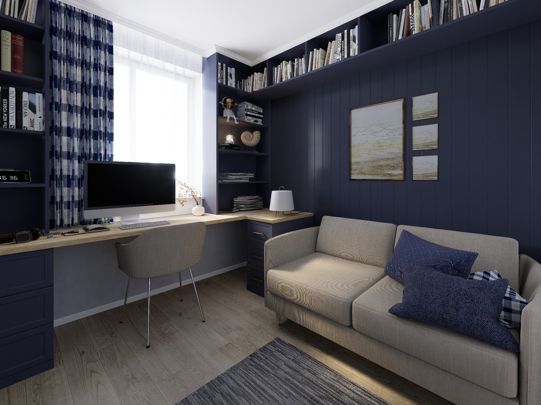 Nowoczesny pokój biurowy z ciemnoniebieskimi ścianami, drewnianym biurkiem, beżową sofą i regałami z książkami. Minimalistyczny design z akcentami w postaci obrazów.