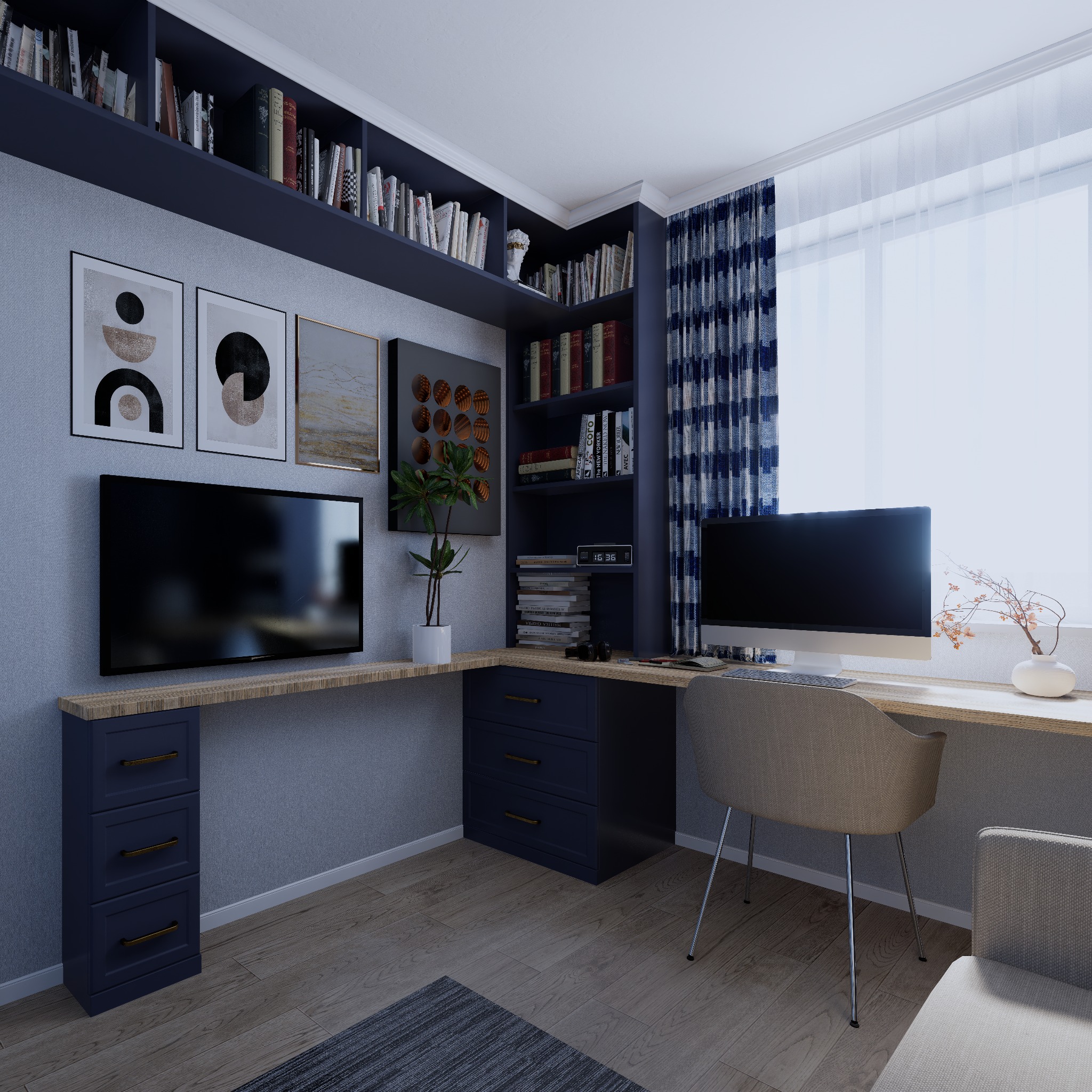 Nowoczesny pokój do pracy z biurkiem w kształcie litery L, regałami na książki, telewizorem i dekoracjami ściennymi w odcieniach granatu i drewna.