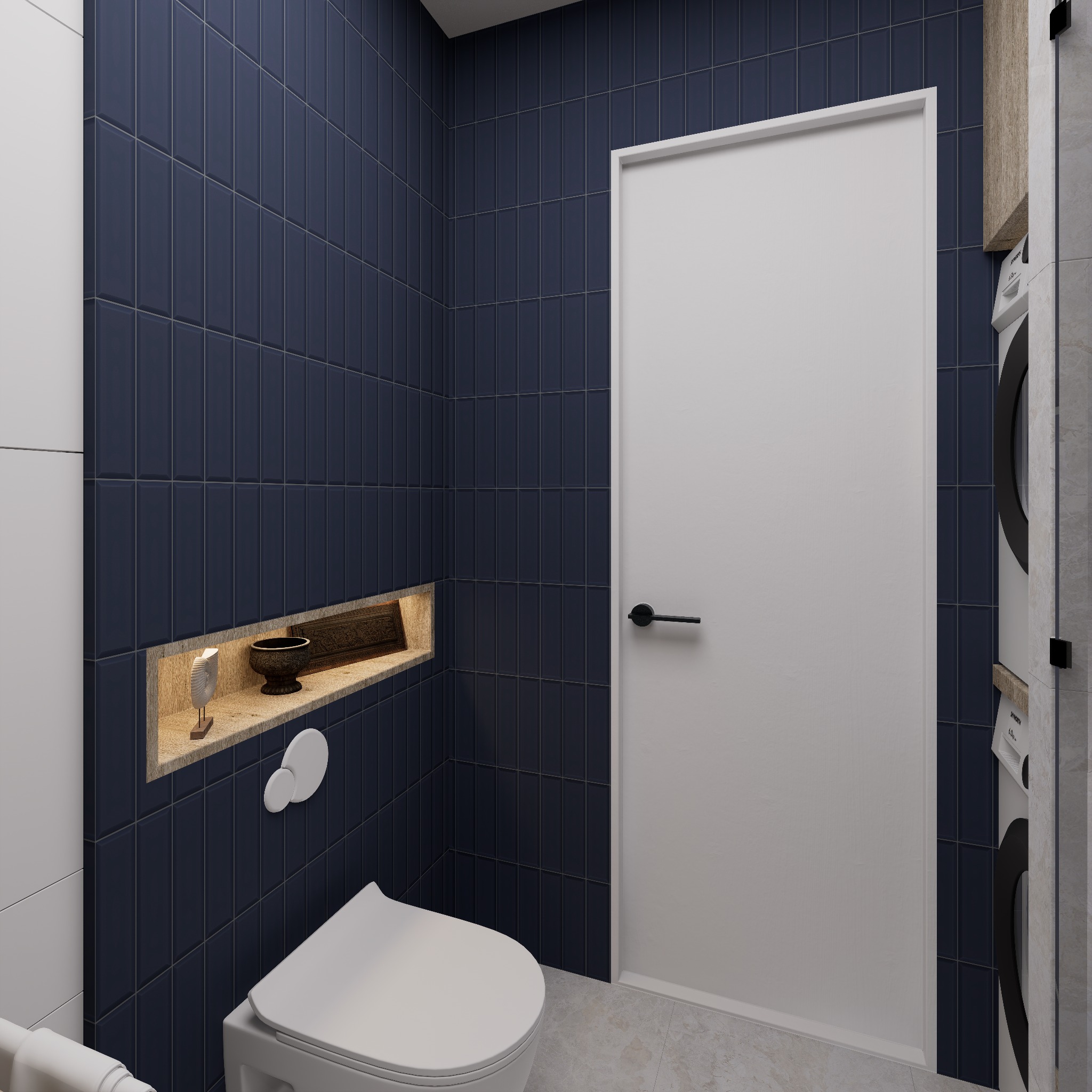 Nowoczesna łazienka z ciemnymi, pionowymi płytkami, wnęką z dekoracjami i białą toaletą. Minimalistyczny design z pralką w tle.