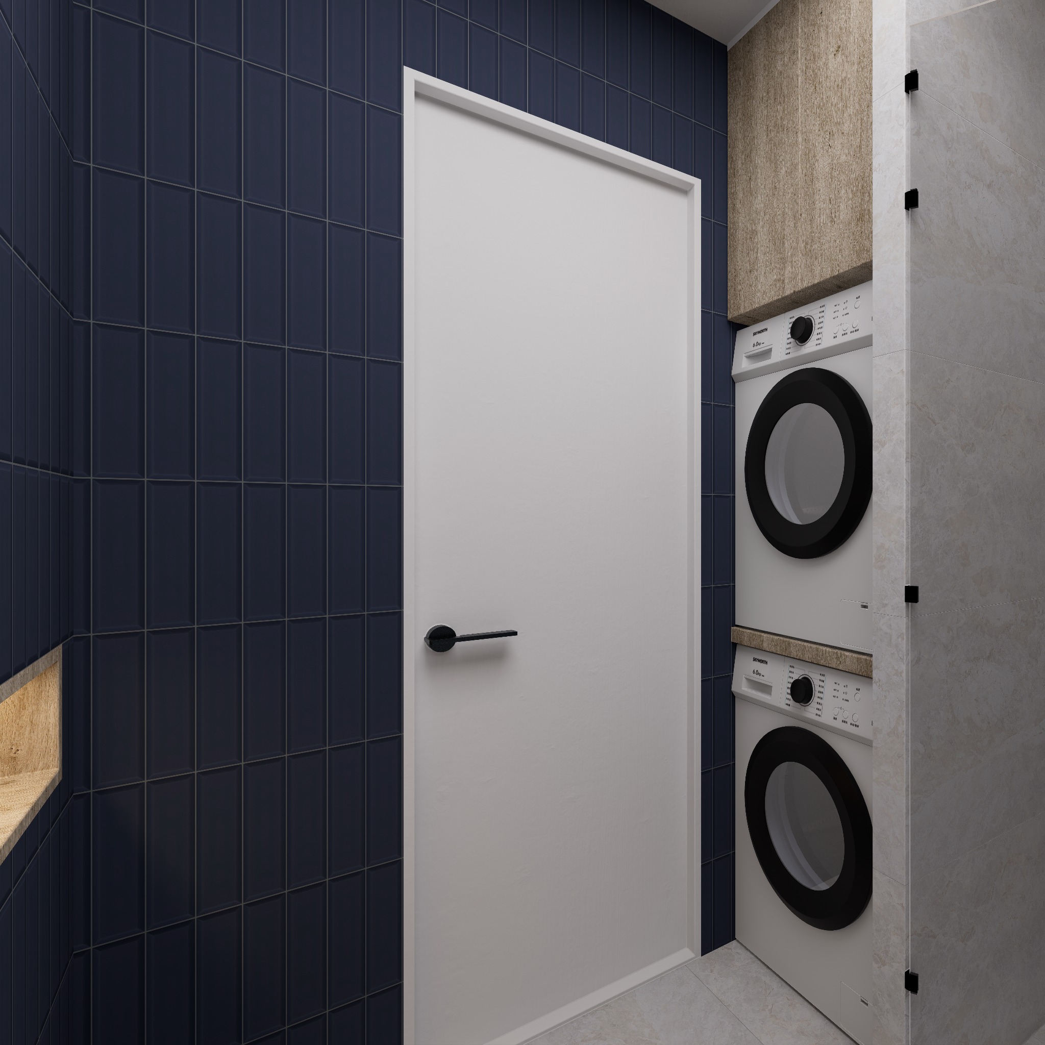 Nowoczesna łazienka z ciemnoniebieskimi, pionowo ułożonymi płytkami, białą zabudową pralki i suszarki oraz jasnymi płytkami podłogowymi.