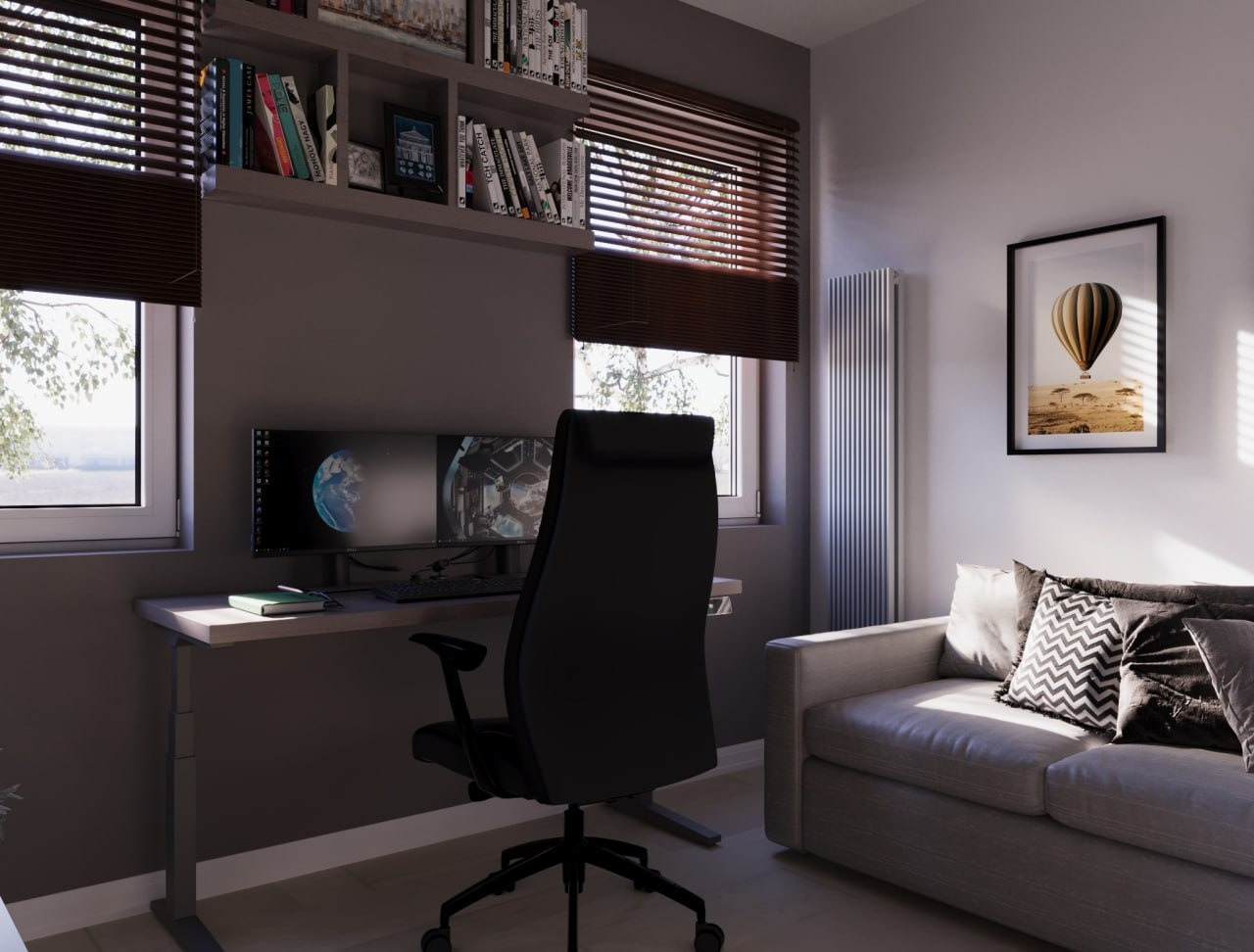 Nowoczesny pokój biurowy w Mszczonowie z biurkiem, krzesłem, sofą i półkami. Minimalistyczny design, stonowana kolorystyka, naturalne światło wpadające przez okno.