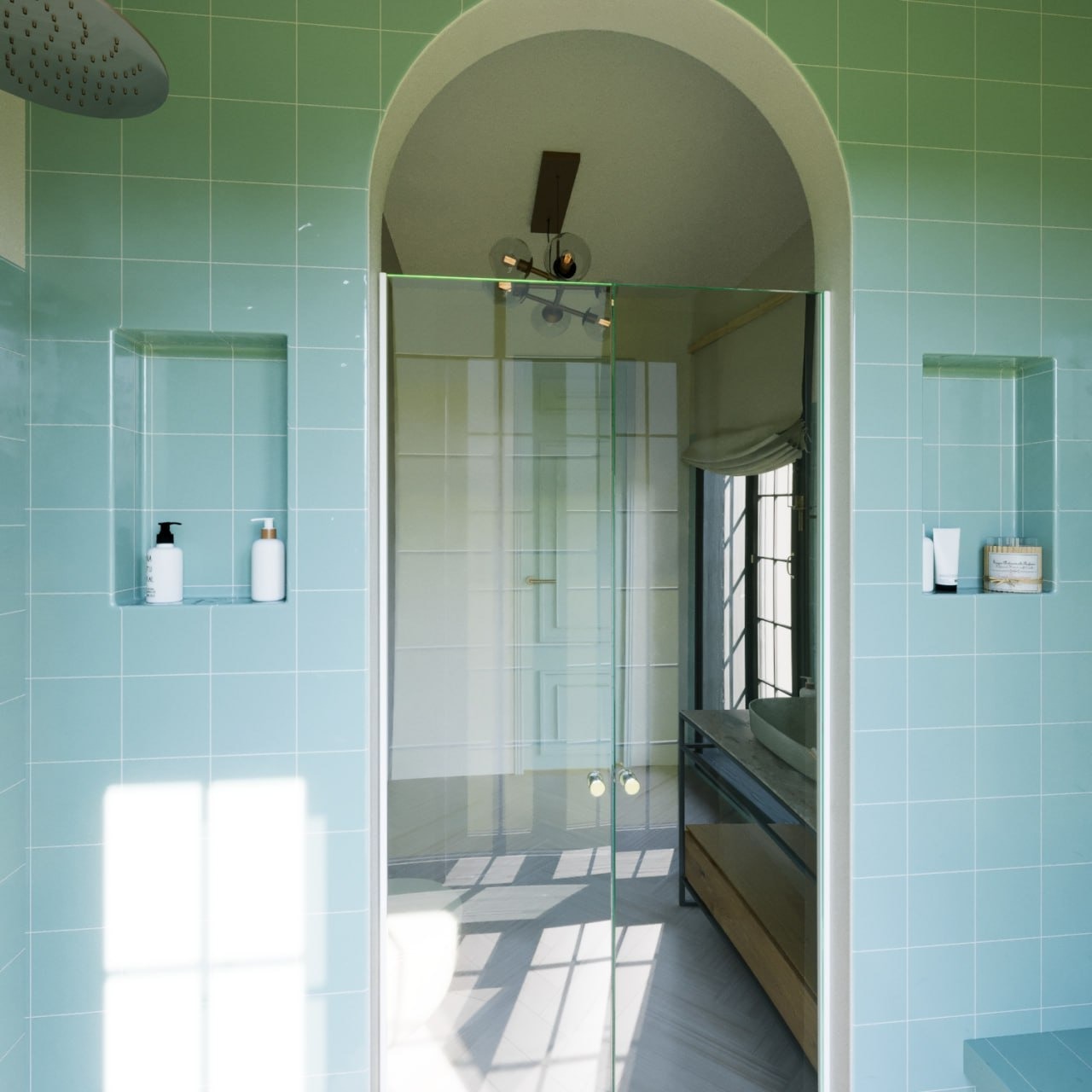 Turkusowa łazienka z kabiną prysznicową zaokrągloną łukiem, wnękami na kosmetyki i nowoczesną lampą sufitową. Minimalistyczny design, jasne wnętrze.