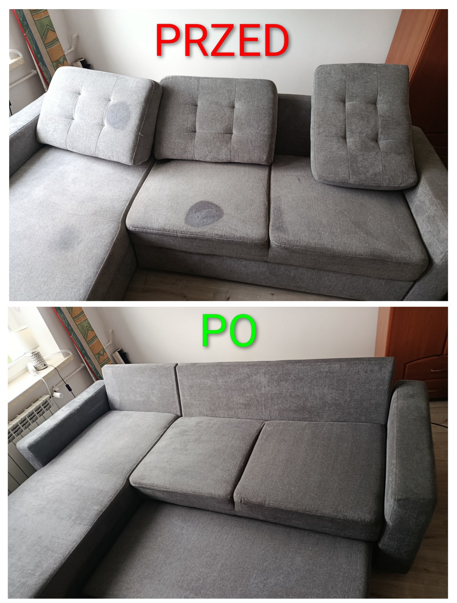 Szara kanapa narożna przed i po czyszczeniu. Widoczne plamy na tapicerce przed zabiegiem, a po - czysta, odświeżona powierzchnia. Porównanie efektu prania tapicerki.