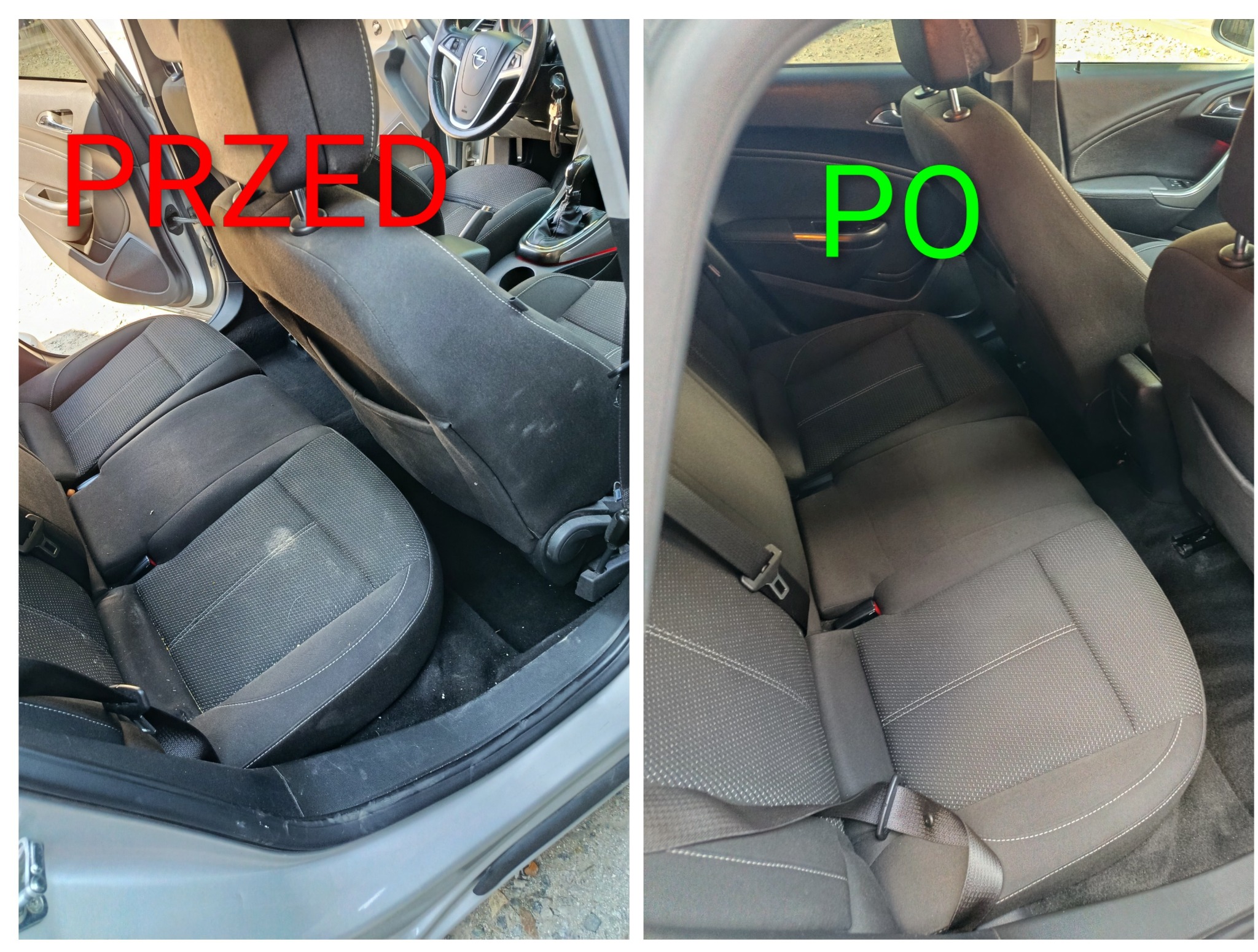Tapicerka samochodowa przed i po czyszczeniu. Widoczne plamy i zabrudzenia na siedzeniu przed praniem, a po prawej stronie czysta tapicerka po usłudze.