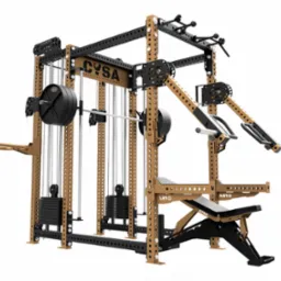 Wielofunkcyjna klatka do ćwiczeń siłowych z wyciągiem, drążkami i ławką, w kolorach czarnym i złotym, na białym tle. Sprzęt marki CYSA Exercise Equipment.