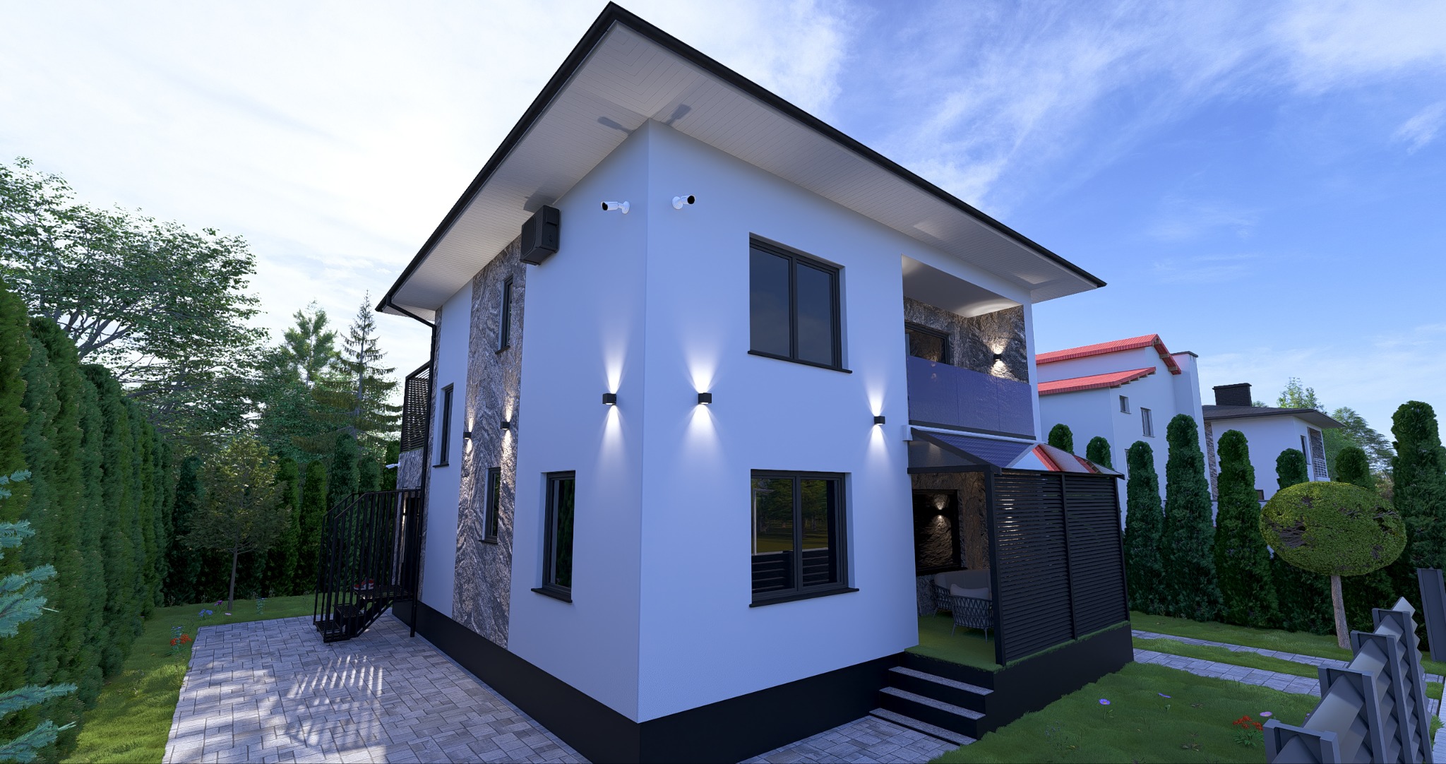 Wizualizacja domu dwupiętrowego z białymi ścianami, czarnymi ramami okiennymi i kamienną elewacją. Widoczne oświetlenie zewnętrzne i zadbany ogród z tujami.