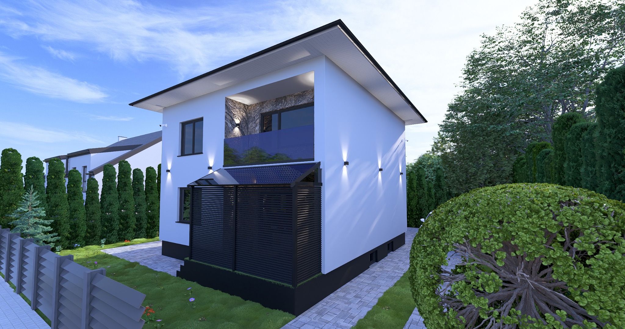 Wizualizacja dwukondygnacyjnego domu z balkonem, oświetlonego lampami zewnętrznymi. Widoczny fragment ogrodzenia i zadbana zieleń. Nowoczesna architektura.
