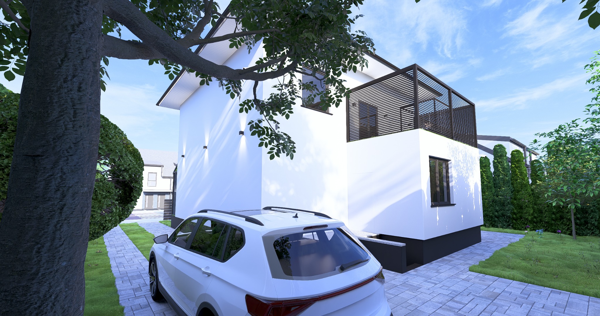 Wizualizacja nowoczesnego domu z białymi ścianami, czarnymi akcentami i drewnianą pergolą na balkonie. Na podjeździe stoi biały samochód. Widoczne drzewa i trawnik.