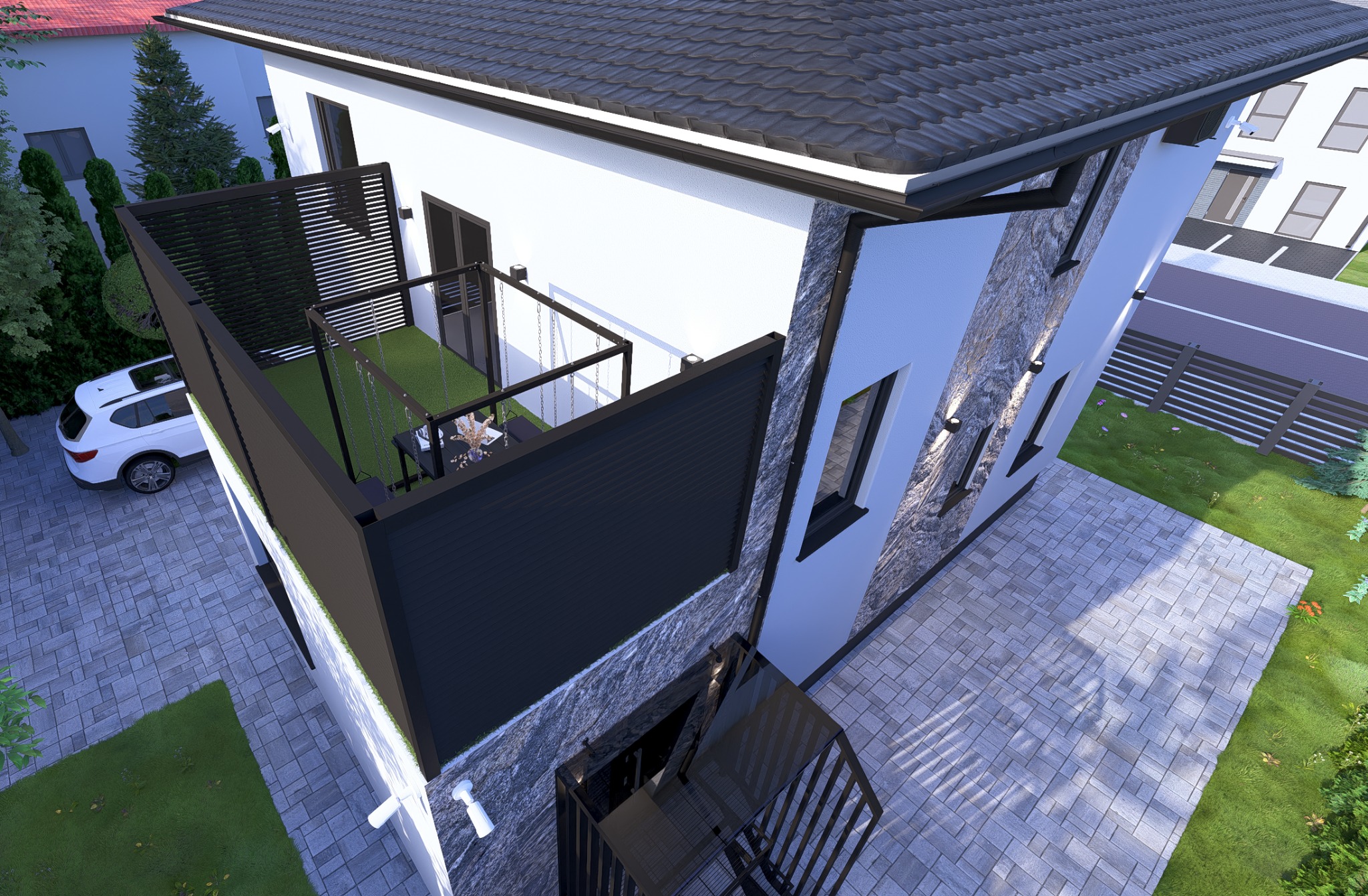 Wizualizacja domu z tarasem na piętrze, widok z góry. Na tarasie huśtawka i stolik. Elewacja w kolorze białym z elementami kamiennymi. Na podjeździe zaparkowany biały samochód.