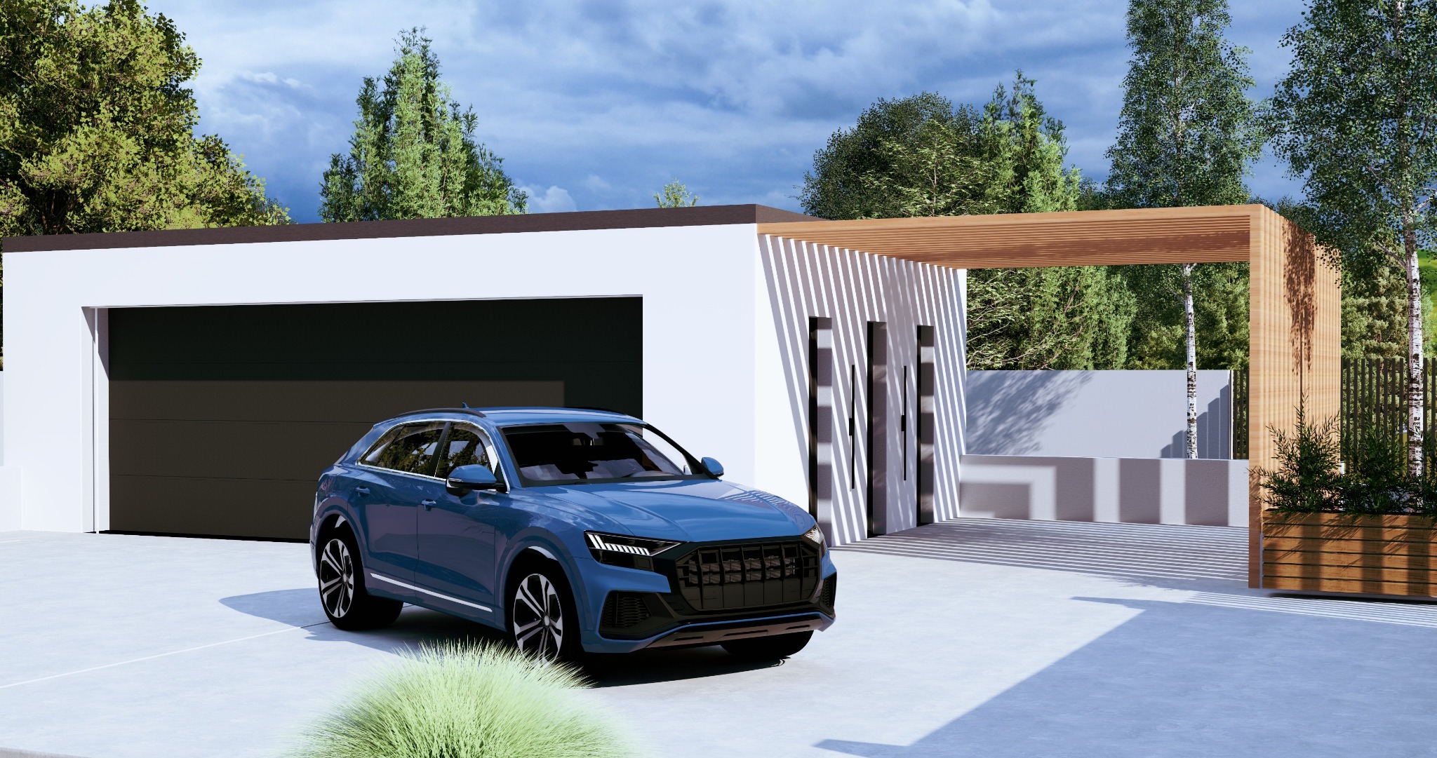 Nowoczesny dom z garażem i drewnianą pergolą, błękitny SUV na podjeździe. Minimalistyczna architektura z elementami drewna na tle zieleni.