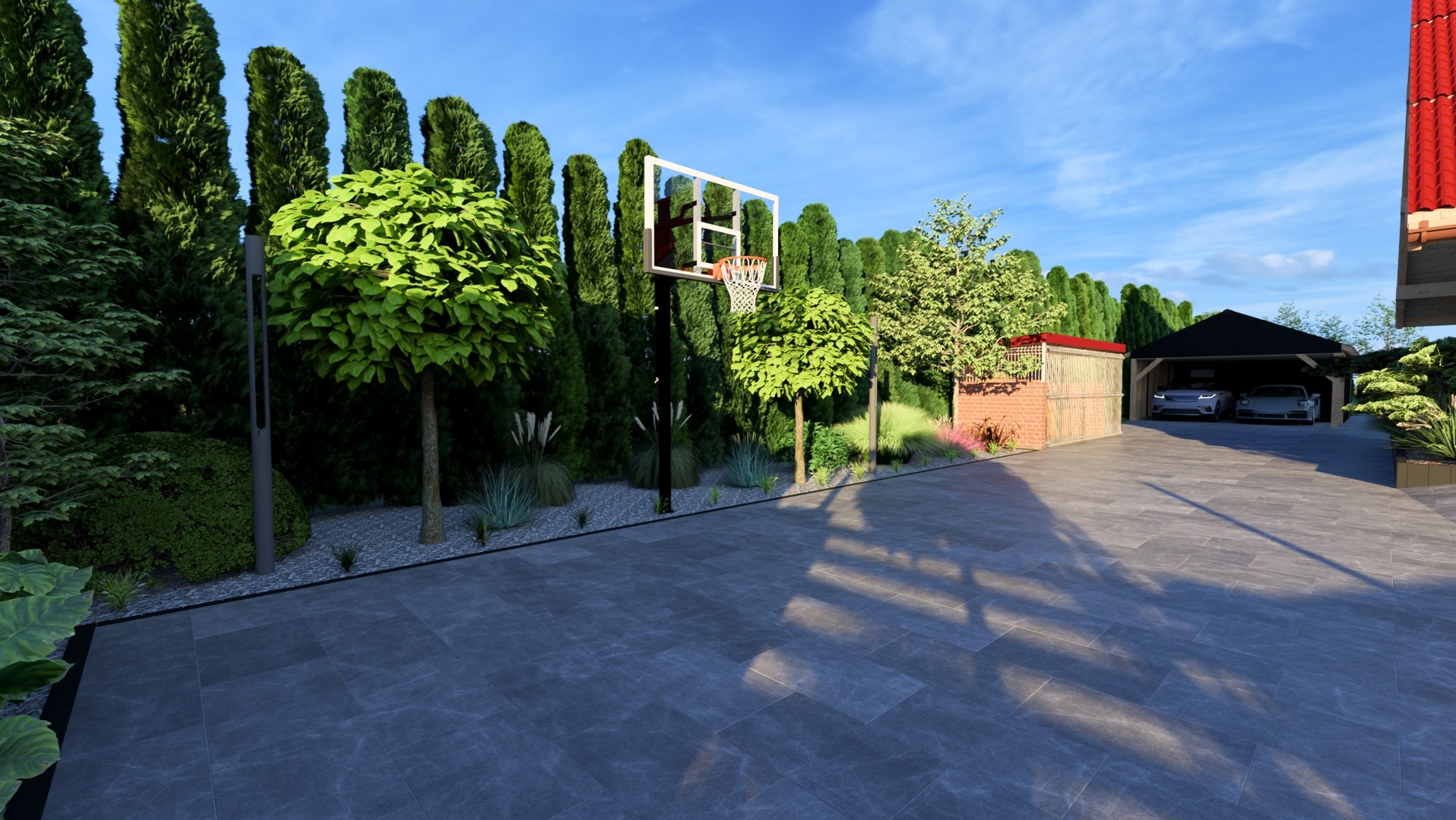 Projekt podwórka z boiskiem do koszykówki, garażem na dwa auta i starannie dobraną roślinnością. Nowoczesna aranżacja przestrzeni zewnętrznej.