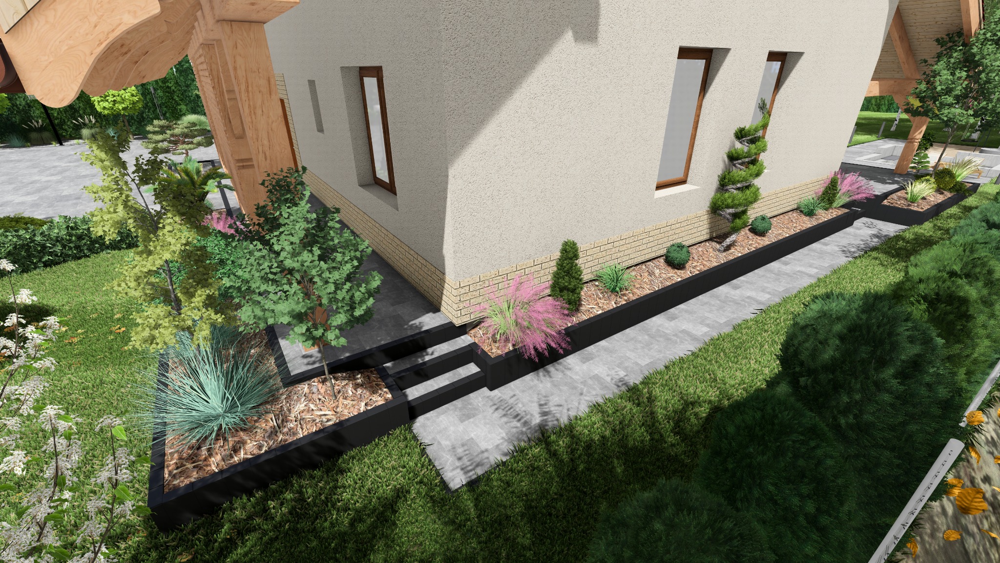 Projekt zagospodarowania terenu wokół domu z roślinnością w geometrycznych rabatach, ścieżką z płyt i drewnianą konstrukcją pergoli.