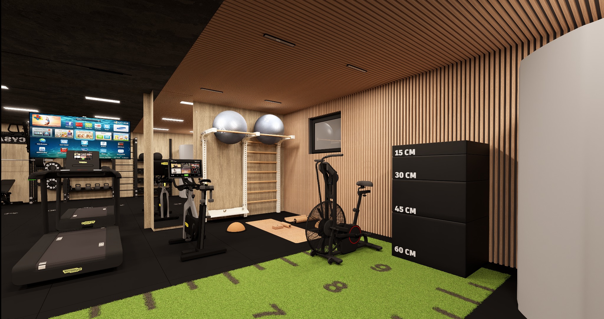 Wizualizacja siłowni domowej z bieżnią, rowerami treningowymi, drabinką gimnastyczną i podłogą z trawy syntetycznej z numerami. Drewniane panele ścienne.