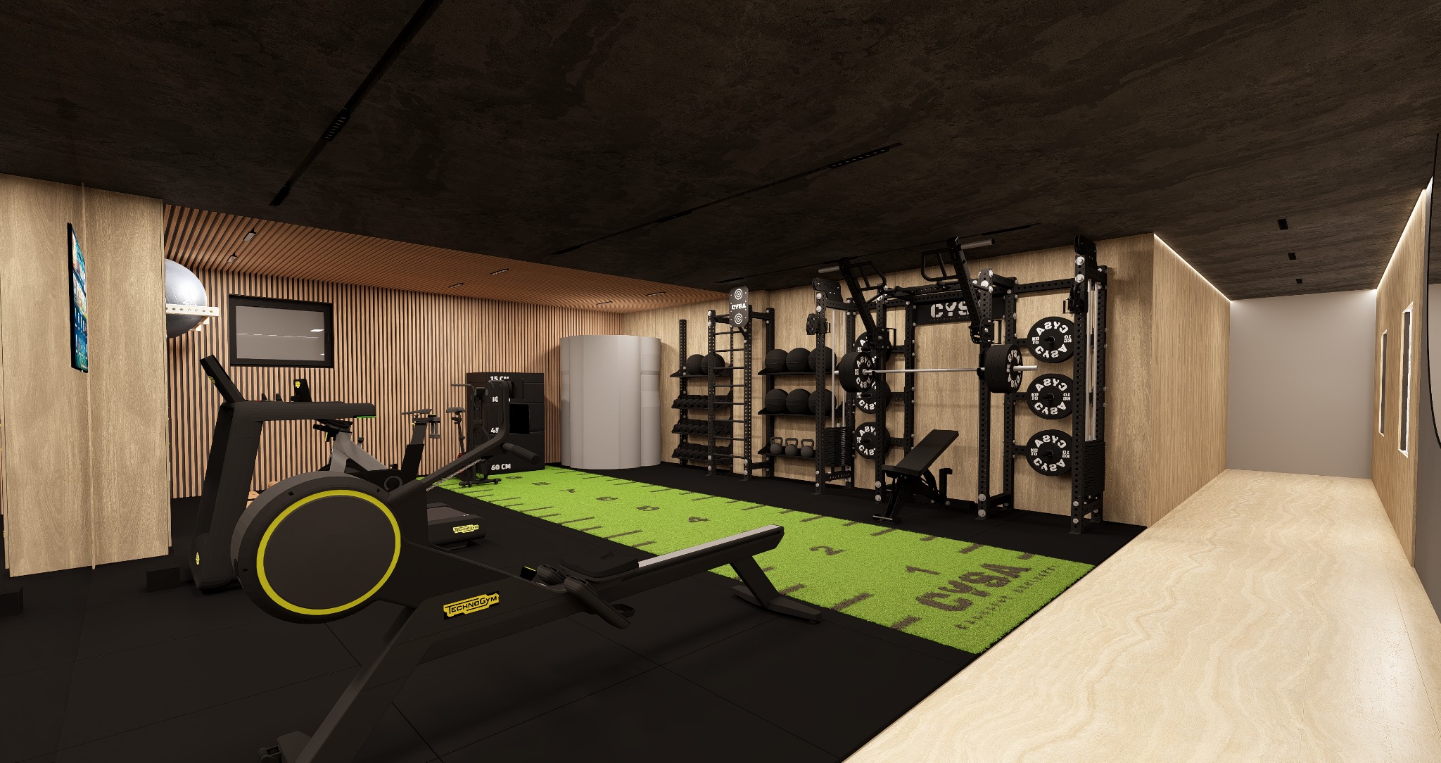 Nowoczesna aranżacja siłowni domowej z drewnianymi panelami, sprzętem do ćwiczeń i zielonym dywanem. Minimalistyczny design z dbałością o detale oświetleniowe.