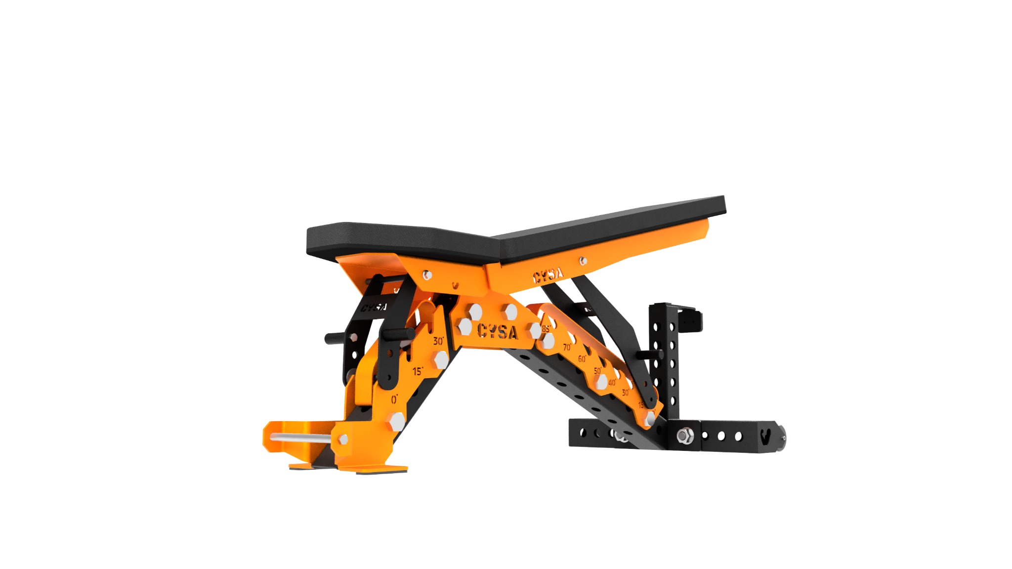 Pomarańczowo-czarna, regulowana ławka do ćwiczeń siłowych marki CYSA, z widocznymi oznaczeniami kątów nachylenia, na białym tle. Sprzęt do siłowni.
