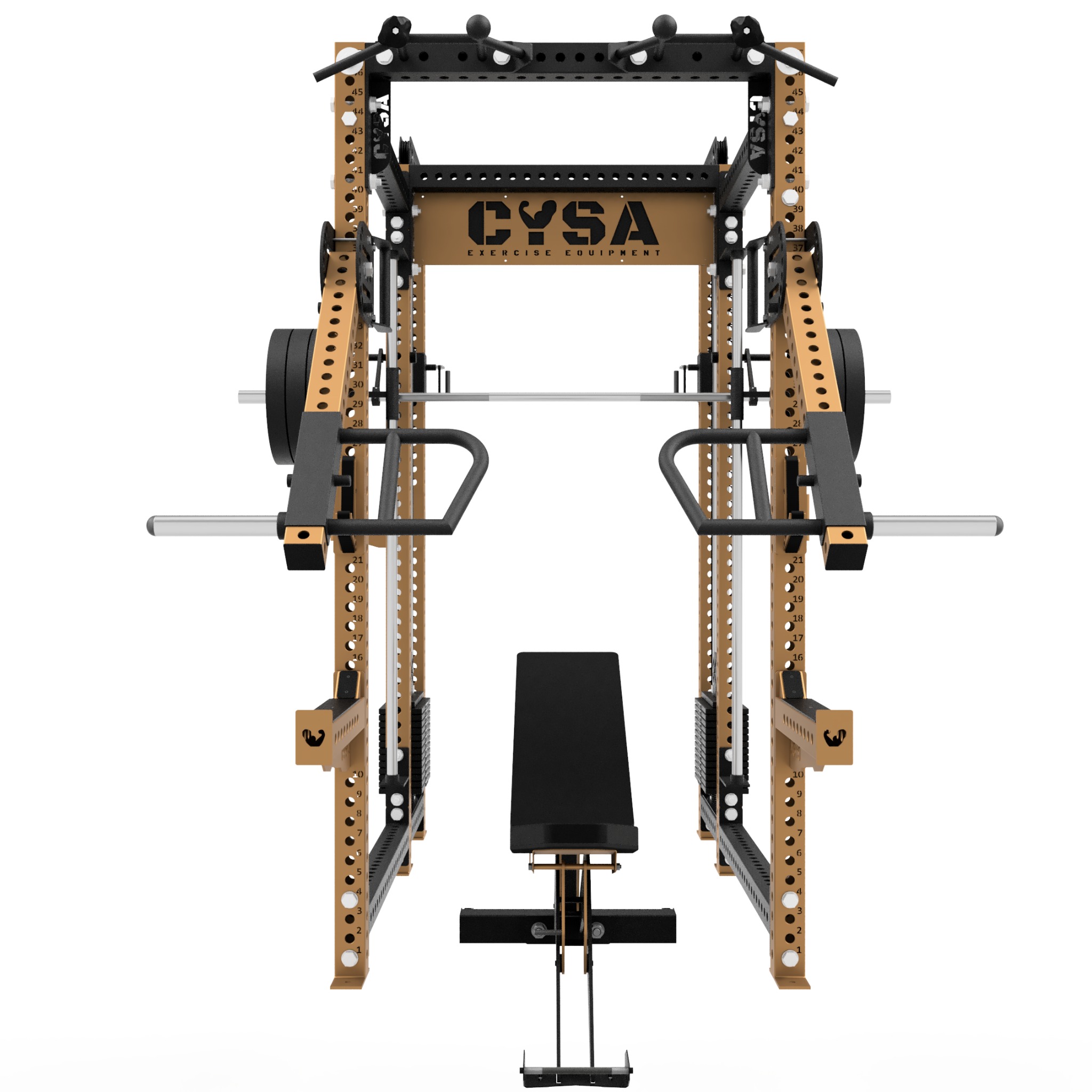 Profesjonalna klatka do ćwiczeń siłowych CYSA z ławką, obciążeniami i uchwytami. Sprzęt do treningu personalnego w siłowni, widok z przodu.