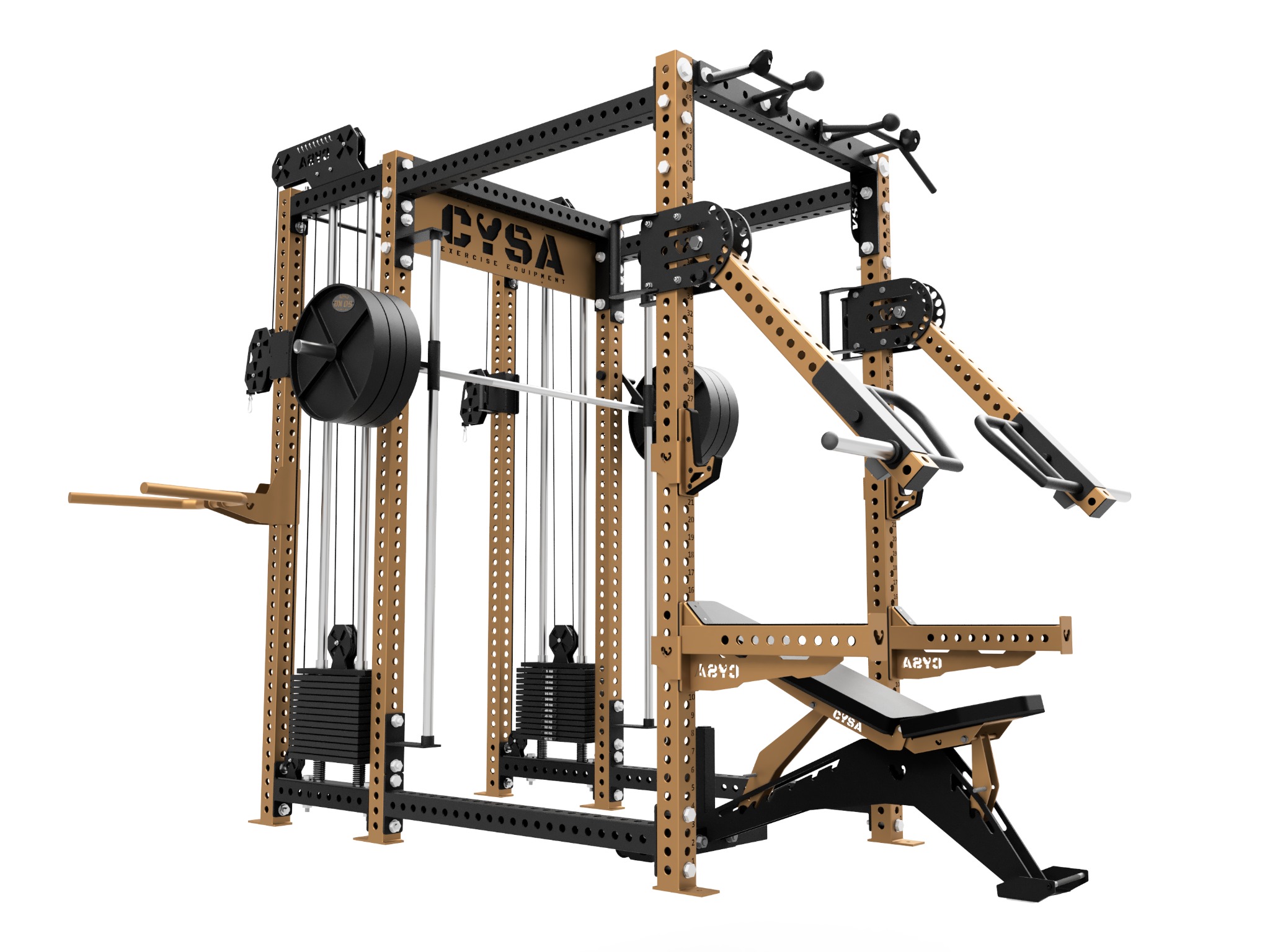 Wielofunkcyjna klatka do ćwiczeń siłowych z wyciągiem, drążkami i ławką, w kolorach czarnym i złotym, na białym tle. Sprzęt marki CYSA Exercise Equipment.