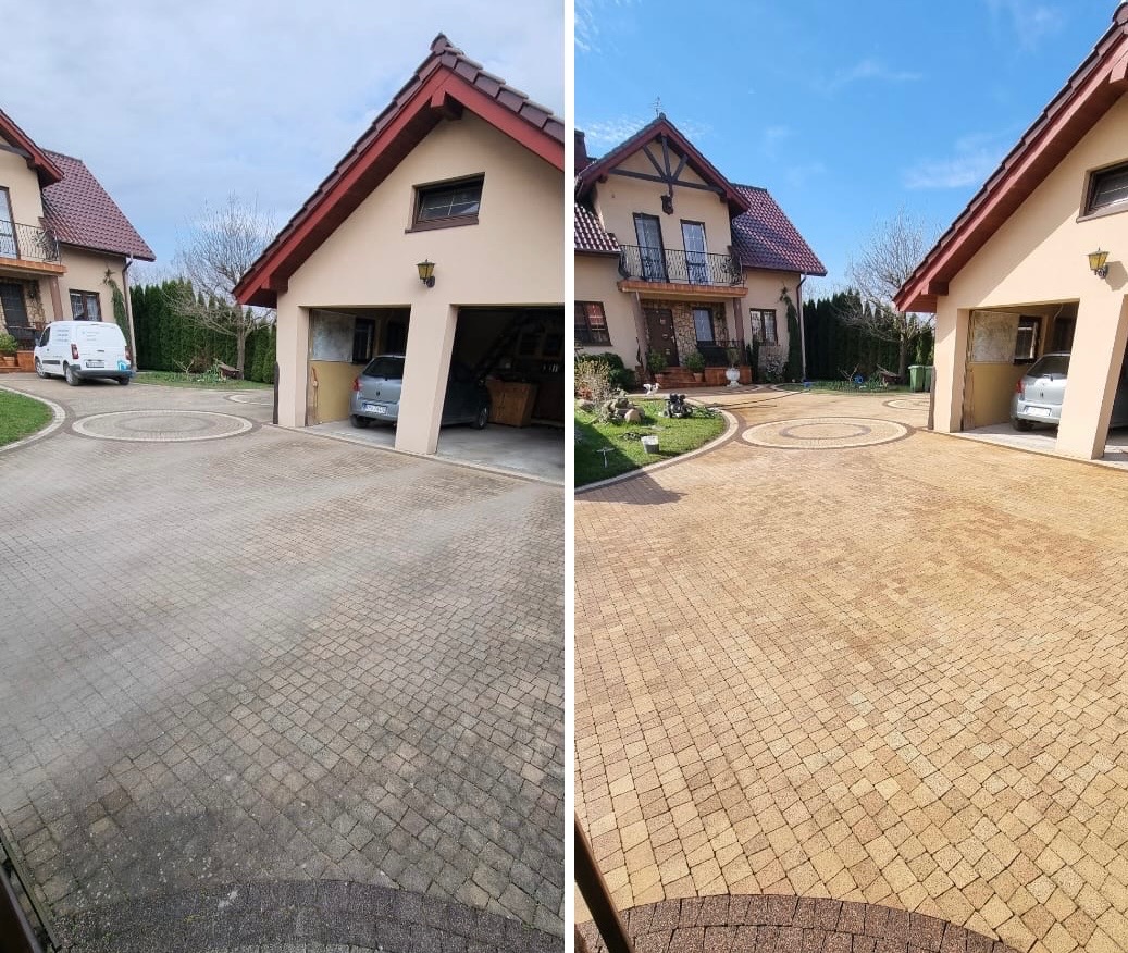 Zdjęcie kostki brukowej przed i po czyszczeniu, ukazujące efekt odświeżenia posesji. Widoczny dom z garażem i zadbany ogród.