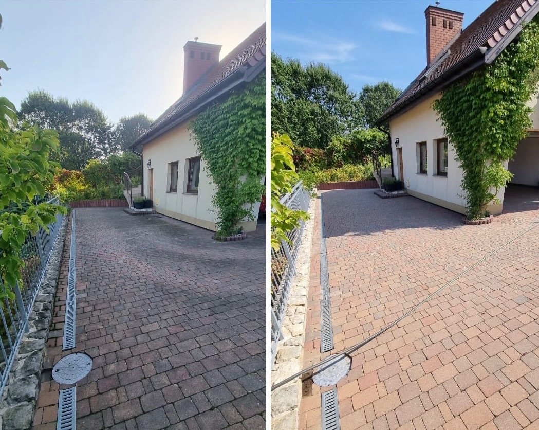 Kostka brukowa przed i po czyszczeniu. Lewa strona brudna, prawa czysta. Dom z ceglanym dachem i zielonym bluszczem w tle. Metalowe ogrodzenie po lewej.