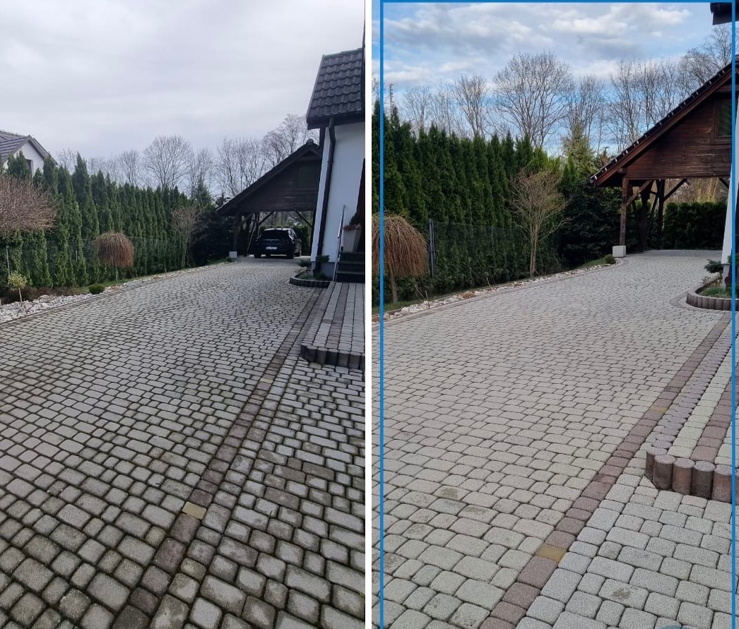Zdjęcie kostki brukowej przed i po czyszczeniu. Lewa strona brudna, prawa wyczyszczona, ukazująca różnicę w kolorze i wyglądzie. Widoczne domy i zieleń w tle.