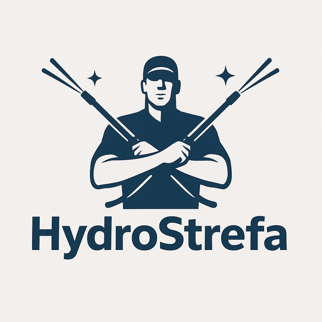 Grafika: muskularny mężczyzna z pistoletami do mycia ciśnieniowego skrzyżowanymi na piersiach, nad napisem 'HydroStrefa'. Logo firmy czyszczącej.