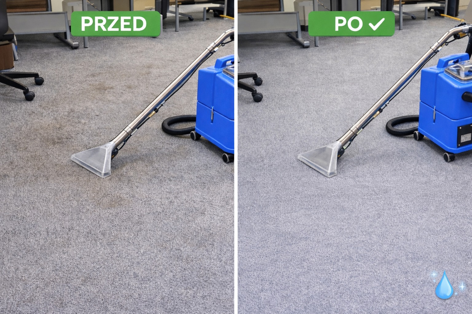 Dywan biurowy: widok przed i po czyszczeniu. Po lewej zabrudzony, po prawej świeży, z użyciem niebieskiego odkurzacza piorącego. Kontrastowe ujęcie.