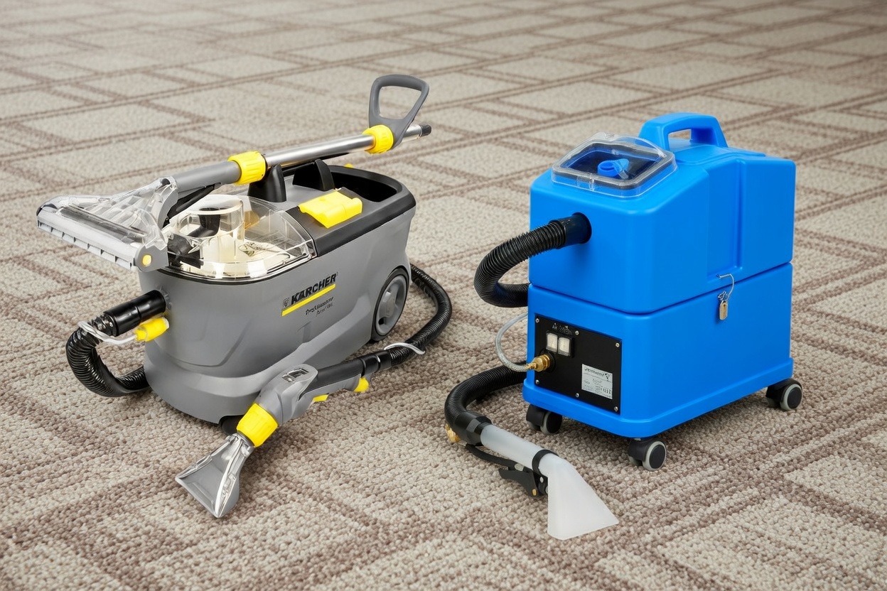 Profesjonalne urządzenia do czyszczenia dywanów Karcher i inne, ustawione na dywanie w geometryczny wzór. Sprzęt gotowy do użycia, z widocznymi detalami dysz i węży.