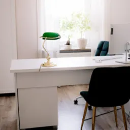 Jasne biuro adwokackie: białe biurko z zieloną lampą bankierską, komputer i krzesło na tle okna z rośliną. Minimalistyczny design.