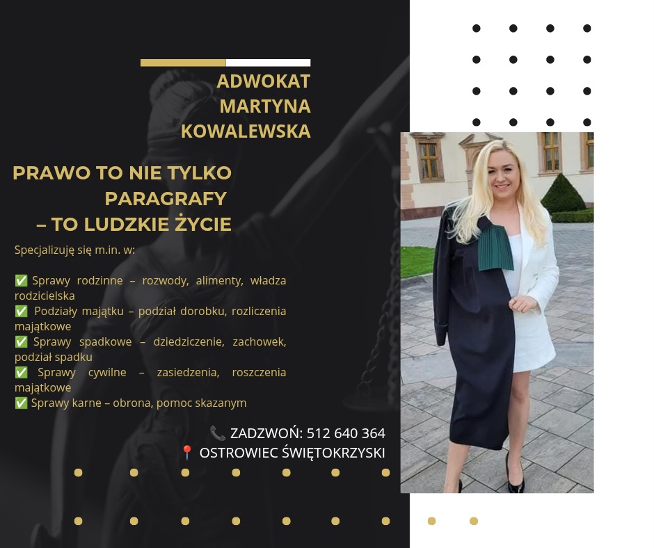Adwokat Martyna Kowalewska w todze i białym żakiecie, na tle budynku. Grafika reklamowa z numerem telefonu i zakresem usług: sprawy rodzinne, spadkowe, cywilne, karne.
