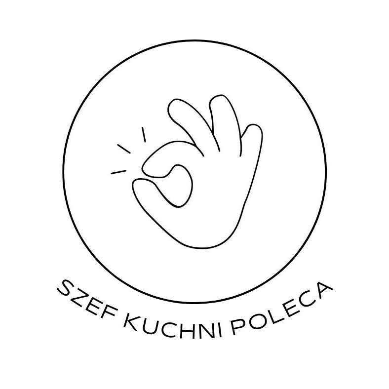 Grafika: dłoń w geście OK w okręgu, napis 'Szef Kuchni Poleca'. Minimalistyczny, czarno-biały rysunek sugeruje rekomendację kulinarną.
