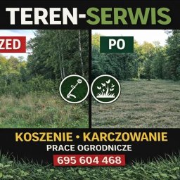 Zdjęcie typu 'przed i po' prezentujące efekt koszenia trawy na zarośniętym terenie. Po lewej stronie wysoka trawa, po prawej krótko przystrzyżona. Widoczne logo firmy i numer telefonu.