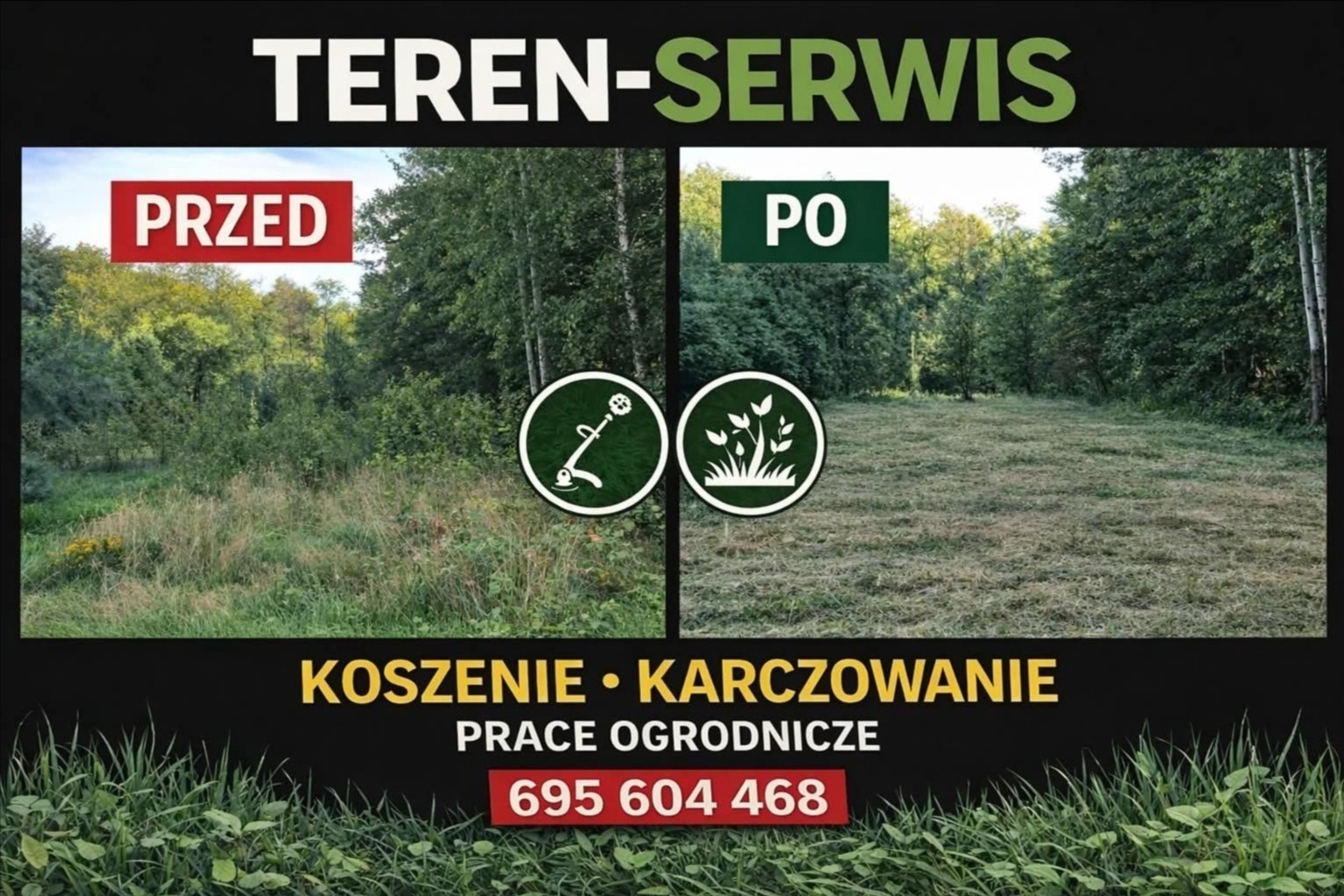 Zdjęcie typu 'przed i po' prezentujące efekt koszenia trawy na zarośniętym terenie. Po lewej stronie wysoka trawa, po prawej krótko przystrzyżona. Widoczne logo firmy i numer telefonu.