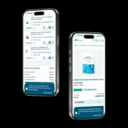Mobilny widok sklepu internetowego z ofertą soli tabletkowej Aqua Pro Qemetica, prezentowany na dwóch smartfonach z koszykiem i szczegółami produktu.