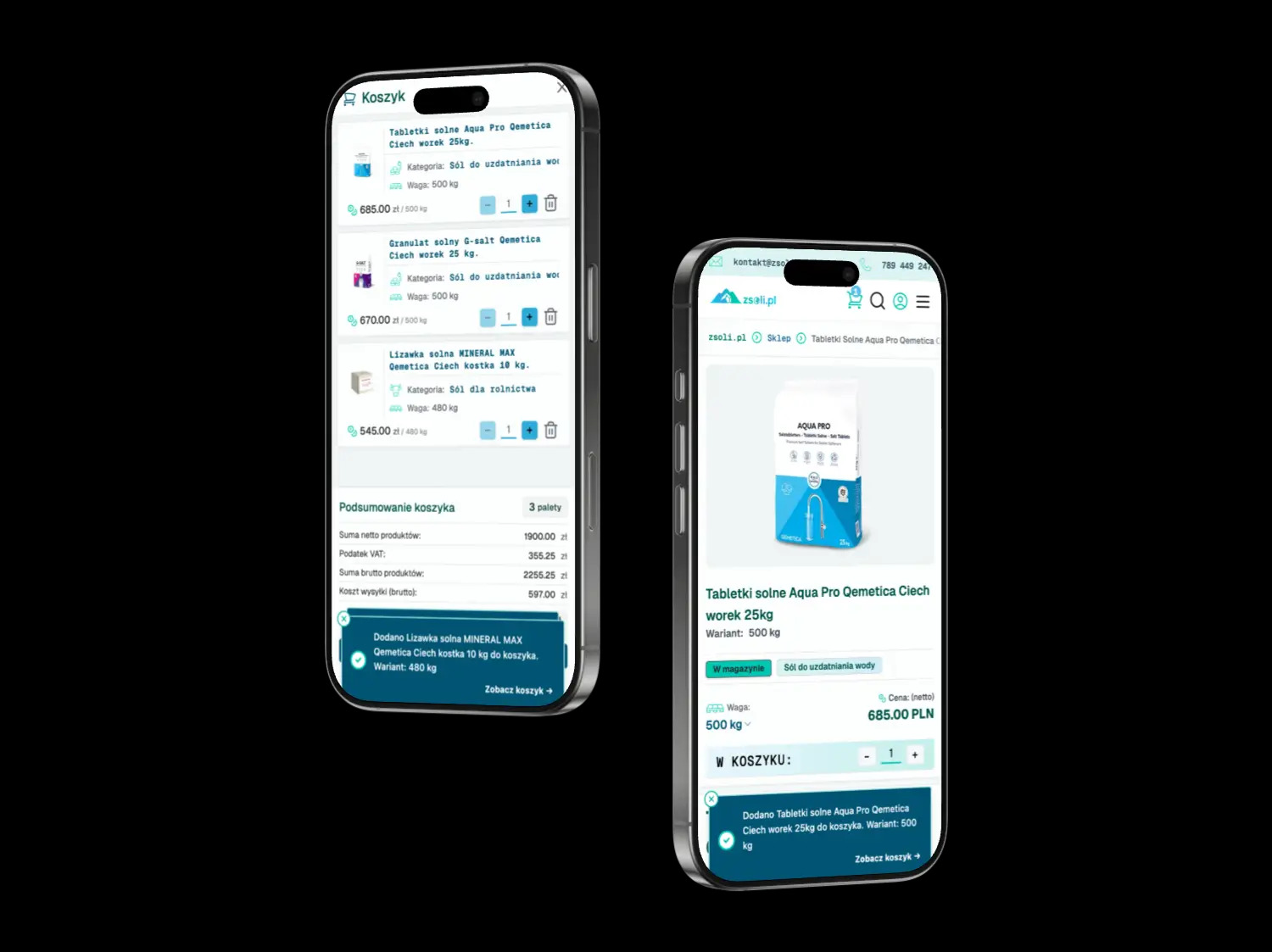Mobilny widok sklepu internetowego z ofertą soli tabletkowej Aqua Pro Qemetica, prezentowany na dwóch smartfonach z koszykiem i szczegółami produktu.