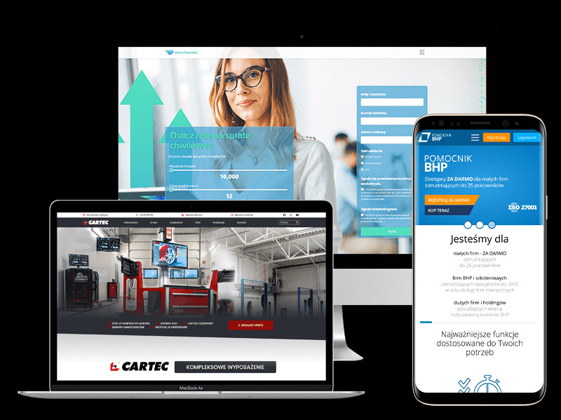 Responsywne strony internetowe: laptop z CARTEC i smartfon z Pomocnik BHP obok monitora z kalkulatorem kredytów, prezentacja na różnych urządzeniach.
