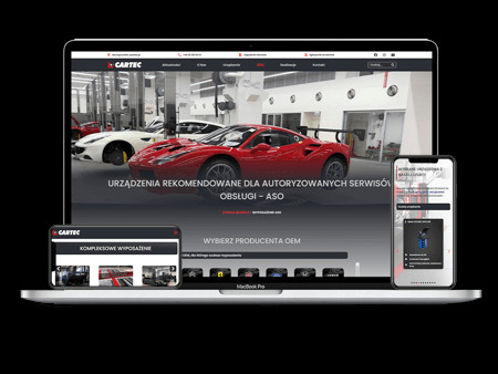 Responsywna strona WWW Cartec na laptopie, tablecie i smartfonie. Prezentacja urządzeń dla serwisów ASO z czerwonym Ferrari w tle. Nowoczesny design, czytelna nawigacja.