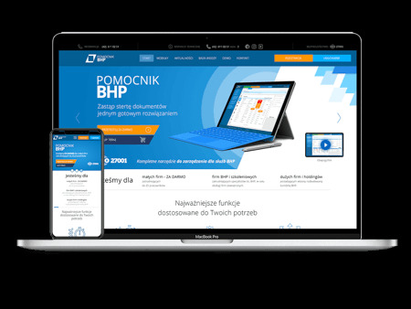 Responsywna strona 'Pomocnik BHP' na laptopie i smartfonie. Widoczny interfejs użytkownika z menu i panelem narzędziowym. Projekt w odcieniach błękitu i bieli.